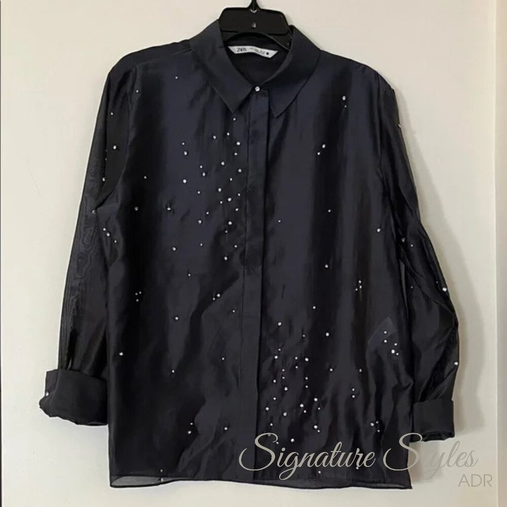 Zara Black Sheer Blouse with Rhinestone Accents – Size Large